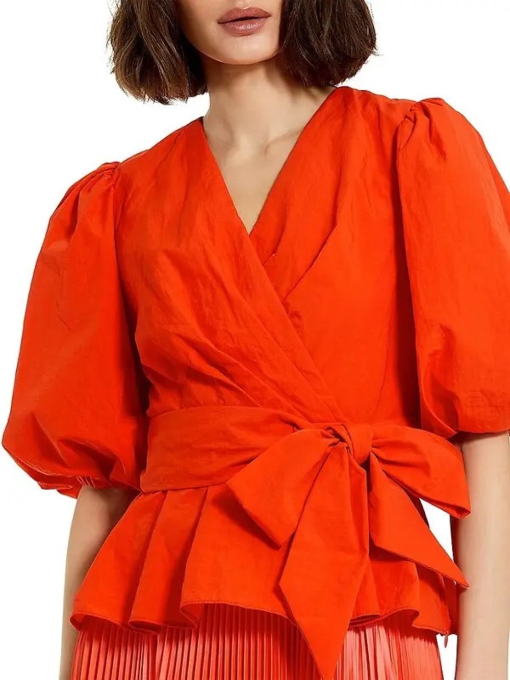 MAC DUGGAL SUNSET PUFF-SLEEVE DESIGNER  LUXURY FALL ORANGE WRAP BLOUSE TOP SZ L